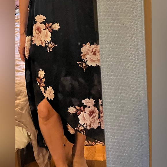 Black and Pink Floral Faux Wrap Dress - Picture 13 of 16